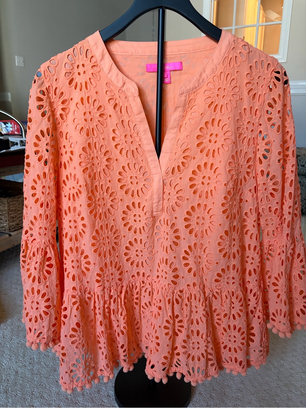 Lilly Pulitzer Beauty. Womens Coral V Neck Eyelet Peplum Blouse - Bright Coral